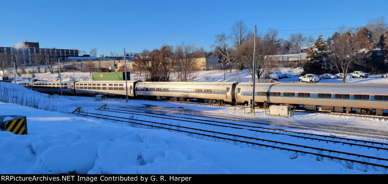 Baggage-Dorm, Viewliner sleepers and cafe car of Amtrak #20(2) parked on the storage track at Lynchburg.